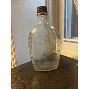 Vintage Log Cabin Statue Of Liberty Embossed Clear Glass Syrup Bottle 1976 70s